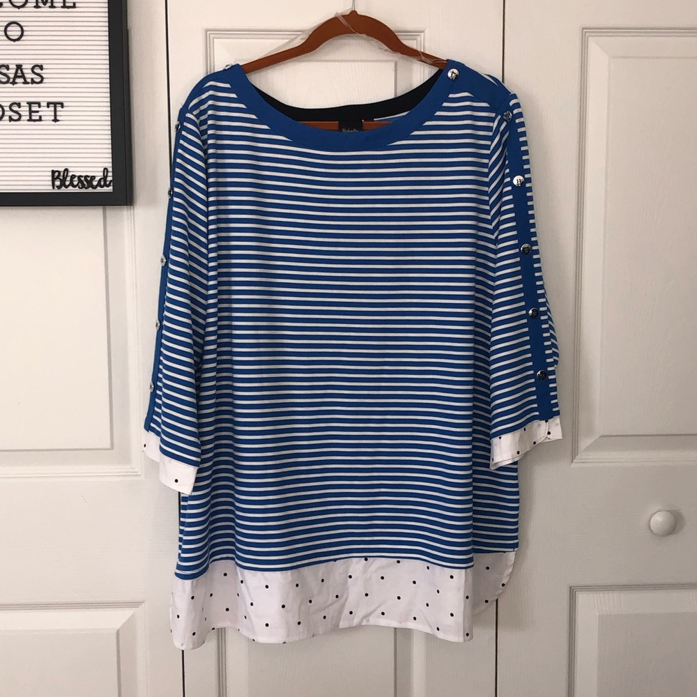 Rafaella blouse 3/4 sleeve blue and white stripes.